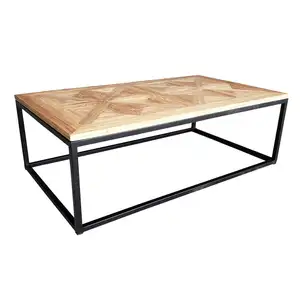 MRS WOODS Vintage industrial parquet wood top metal frame coffee table for living room