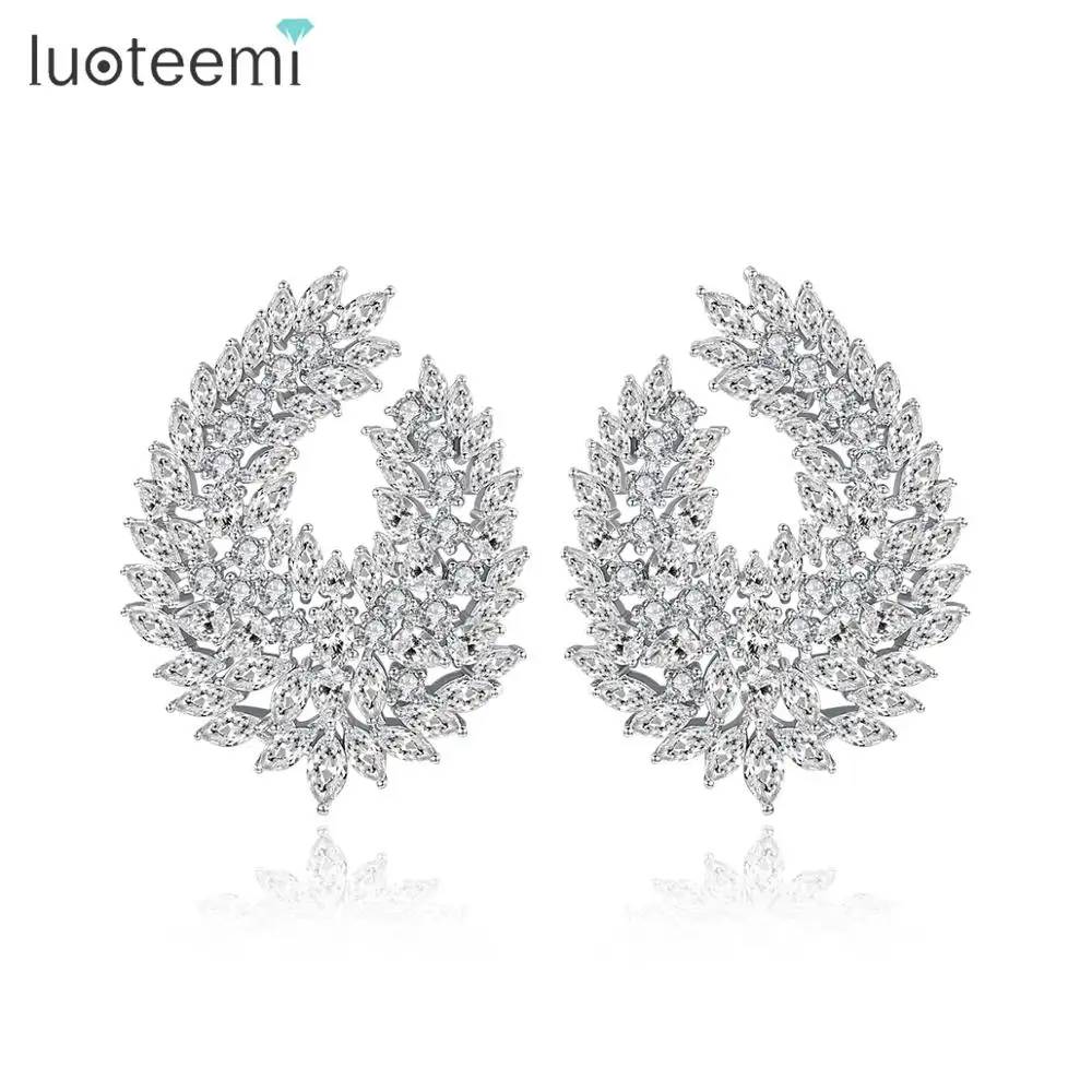 LUOTEEMI Fashion Trend Brass Jewelry A AA Cubic Zirconia Leaf Shaped Stud Earrings For Women Wedding Earring