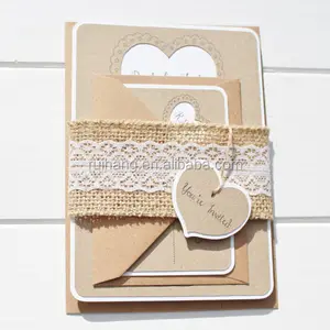 Rustic heart shape laser cut Wedding Invitation with a Lace and Burlap Belly band