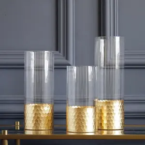 Bixuan mund geblasene Kerzenhalter Klarglas vase mit goldenem Waben dekor Mittelstücke Zylinder Moderne Luxus glasvase
