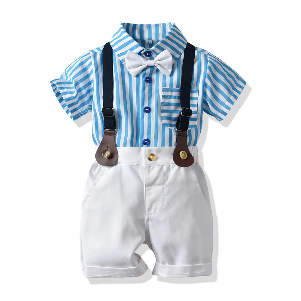 Ropa de bebé al por mayor 2019 nuevos niños de verano de manga corta traje de bebé rayas azul correa de pantalones cortos