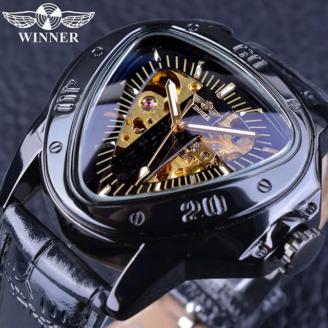 Winner Steampunk Fashion Triangle Golden Skeleton Movement Mysterious Men Automatic Mechanical Wrist Watches Top Brand Luxury