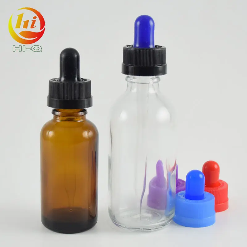 2021 vendita calda trasparente ambra vetro a prova di bambino bottiglie di liquido di e 1 oncia 2oz contagocce bottiglia di vetro con il logo stampa e adesivi