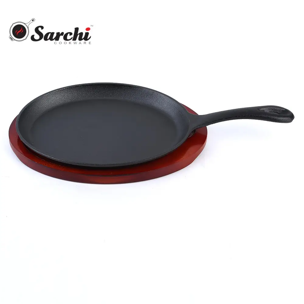 Modern Design Cast Iron Skillet Induction Bottom Gas Grill Sizzling Plate With Wooden Base Fajita pan