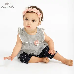 DBJ10537 dave bella bahar bebek kız moda giyim setleri kız güzel kolsuz takım elbise çocuk çizgili elbise