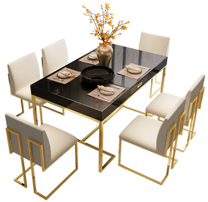 Mesa de comedor de mármol y madera, Marco clásico de acero inoxidable, alto brillo, 6 sillas, juego de muebles - Product Image 2