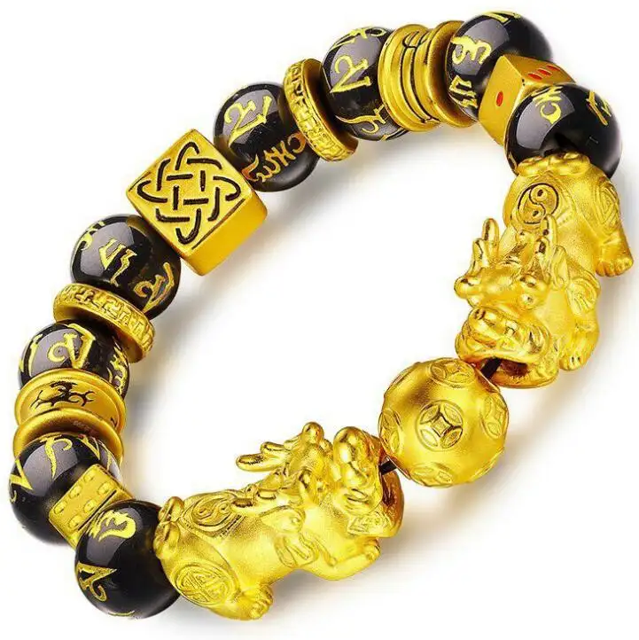 XJ001 Huilin Feng Shui Obsidian Bead Hand Carved Mantra Golden Metal Pi Xiu Pi Yao Bracelet