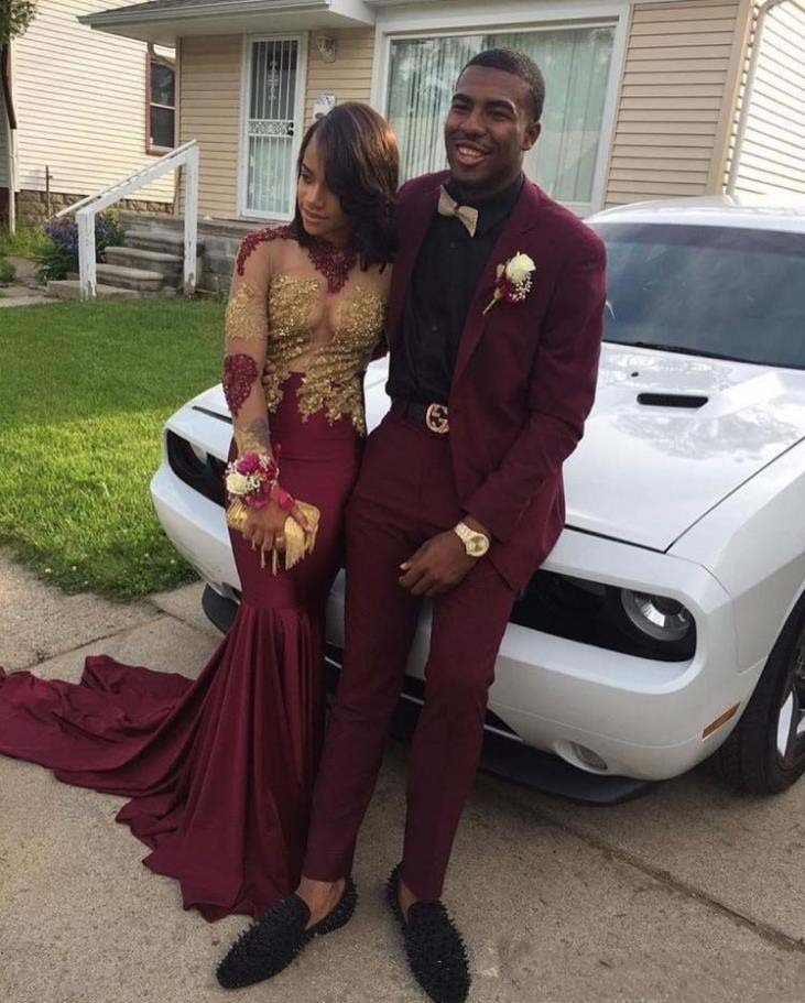Spanish Burgundy Gold Applique Sexy See-Through Elegant Prom Dress