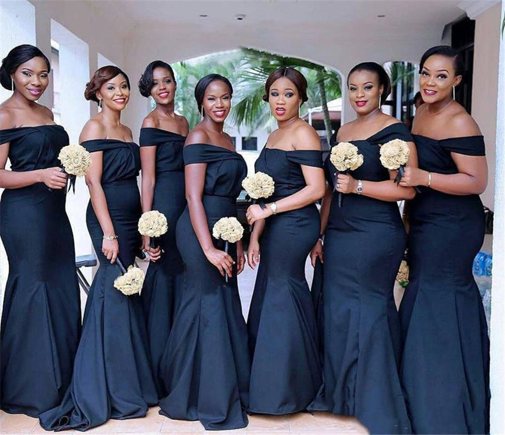 DB014 Elegantes Vestidos de Madrinha Azul Marinho Estilo Sereia Decote  Canoe Ombros Descidos Longos Vestidos de Festa de Casamento 2025