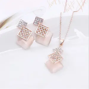 fashion full rhinestone hollow square shaped pendant necklace cat eye earring jewelry set