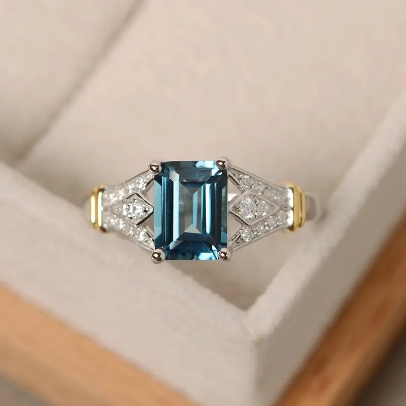 Caoshi Prinses Cut Cubic Zircon Crystal Silver Ring Met 925 Stempel Blauw Ring Stone Koperen Diamanten Ring