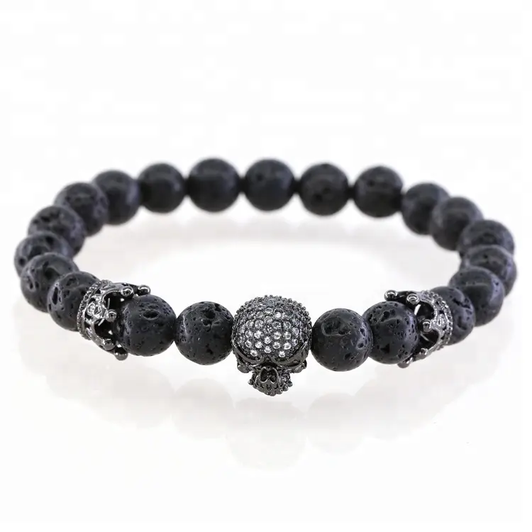 Pulsera de calavera micro pace cz chapado en oro de 18k, pulsera de piedra natural para hombres