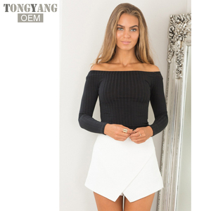 T-Shirt da donna con spalle scoperte <span class=keywords><strong>Top</strong></span> corto da donna a manica lunga tinta unita con collo corto in cotone T-Shirt - Product Image 6