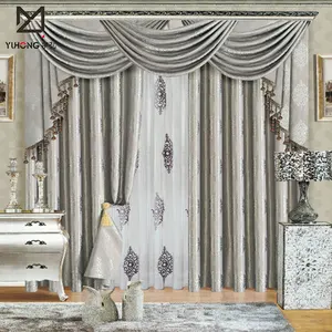 Two ways luxurious decor attached valance opening and closing jacquard fabric curtains for living room