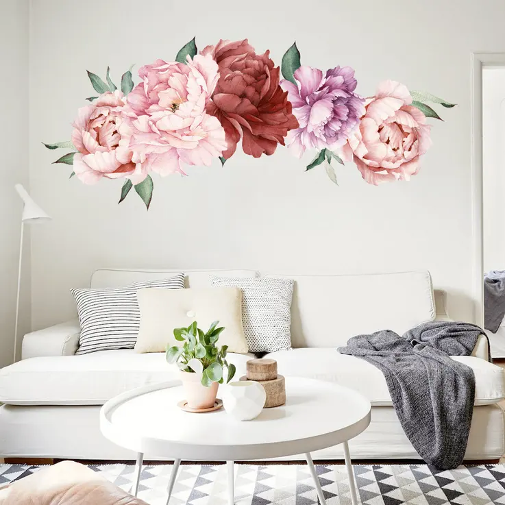 Removable Wall Stickers Bedroom Peony Flower Decal, Wall Sticker Home Decor for Kid Room