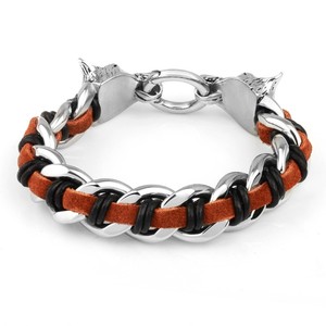 Acero inoxidable de la cabeza del lobo de la cadena cubana pulsera trenzada cuero cuerda pulsera Negro Marrón Plata - Product Image 6