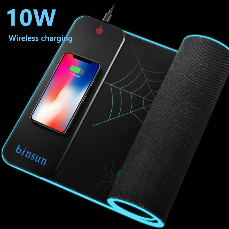 Разноцветный мягкий игровой коврик для мыши с беспроводным зарядным устройством и светодиодной подсветкой