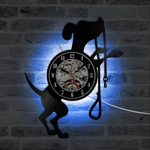 Preciser חמוד שחור כלב קיר תליית 3d סוללה Led ויניל שיא קיר שעון