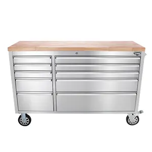 Tugas Berat 55Inch Stainless Steel Alat Dada Roll Kabinet Kerja Bangku dengan Kayu Top