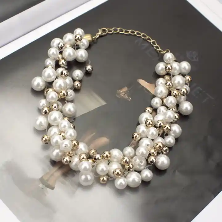 Clip on gold black and cream pearl cluster necklace and earring set