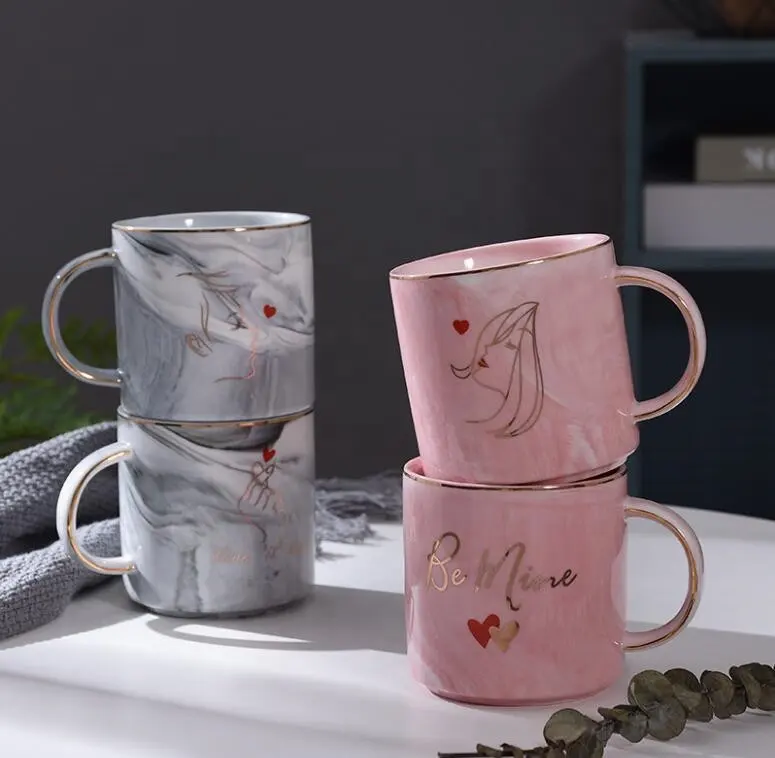 Y 11oz hochwertige graue und rosa Keramik Marmor Paar Liebhaber Kaffeetasse mit goldenem Rand für Valentinstag Geschenk