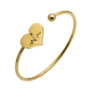 Elektrocardiogram Vrouwen Custom 18 K Vergulde Verstelbare Rvs Sieraden Gegraveerd Open Manchet Bangle Metal Hart Armband