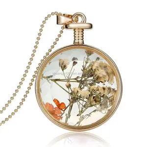 Collier en verre avec pendentif rond à fleur sèche, vintage, bouteilles en verre, médaillon rond, bijoux