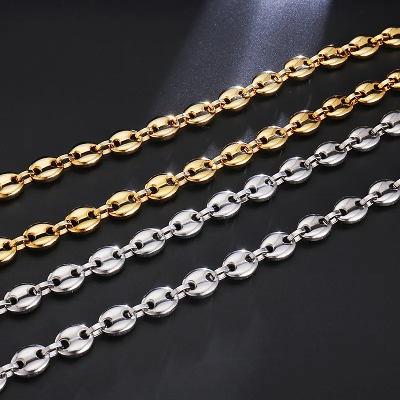 Gold Men Design Stainless Steel Coffee Bean Link Chain Necklace
