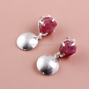 Boucles d'oreilles en argent sterling 925, bijoux en pierres précieuses brutes de rubis naturel, fournisseur de bijoux en gros, fabricant de bijoux anciens - Product Image 2