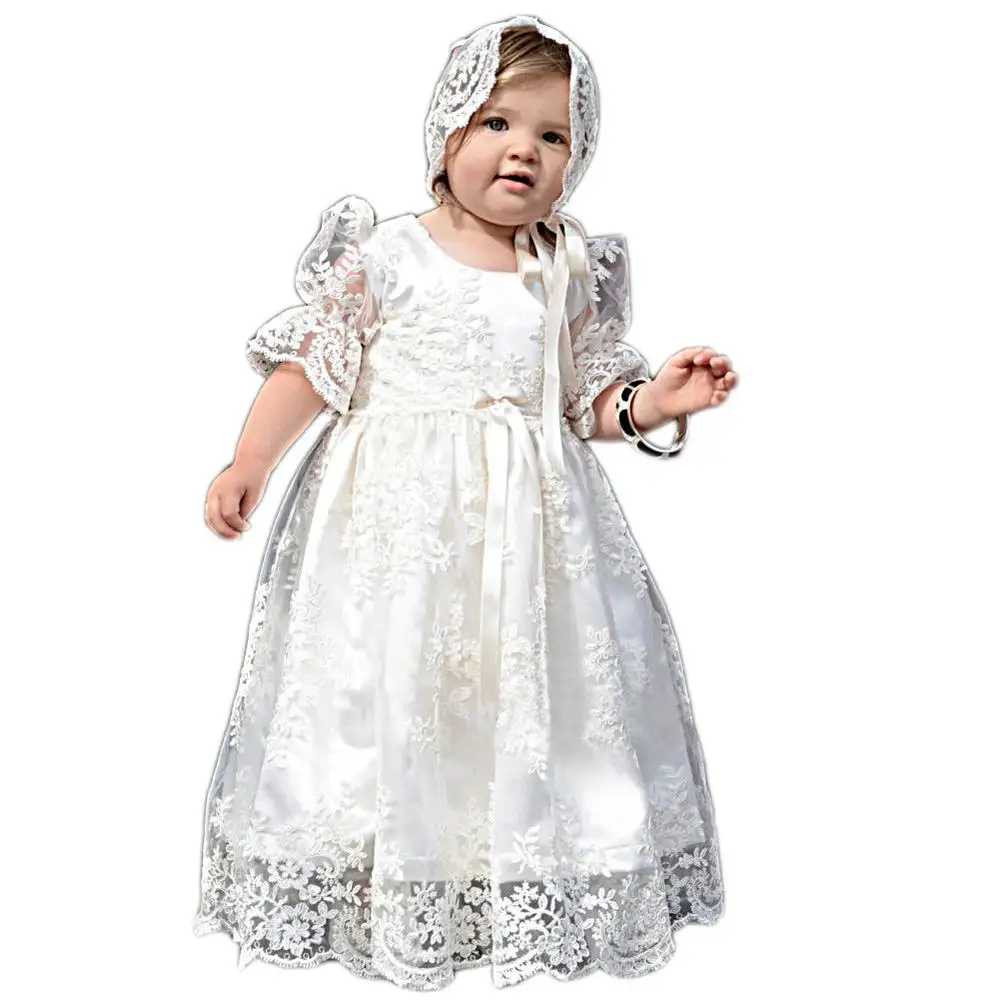 Vestido de noche de encaje para niña pequeña, vestido de bautizo, disfraz de fiesta de bautismo de princesa, vestido de satén blanco para niña de flores