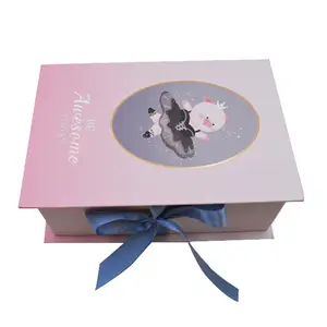 定制印刷豪华粉红色卡通包装化妆品磁铁盒丝带礼品盒为护肤化妆