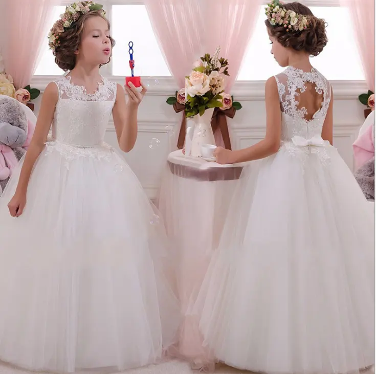 新しいデザインの10代の女の子の白いレースのドレスの女の子の結婚披露宴のドレス