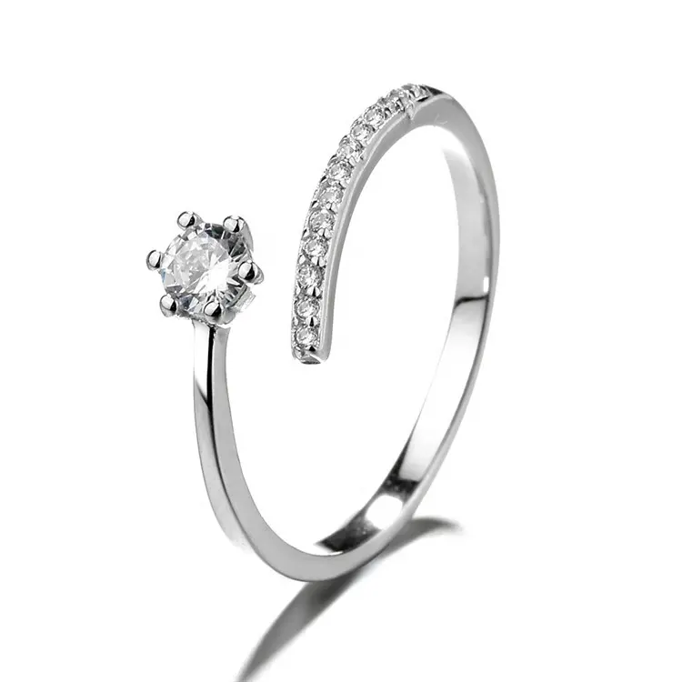 Luxo 925 Sterling Silver Engagement Mulheres Anel Aberto Ajustável