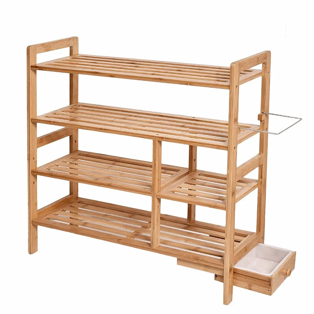 Rack caseiro de sapato de bambu 4-tier, com suporte de guarda-chuva escondido