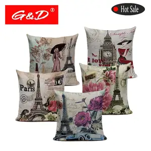 G & D Sarung Bantal Sofa Bunga Antik London Paris Rumah Merah Muda Tekstil Bantal untuk Sofa