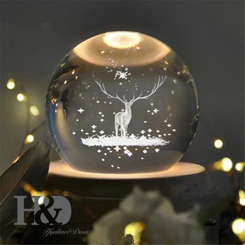 Clear Crystal Ball 3D Laser Engraved Deer Ball Paperweight Sphere Home Decor Gift with Metal Stand 70MM