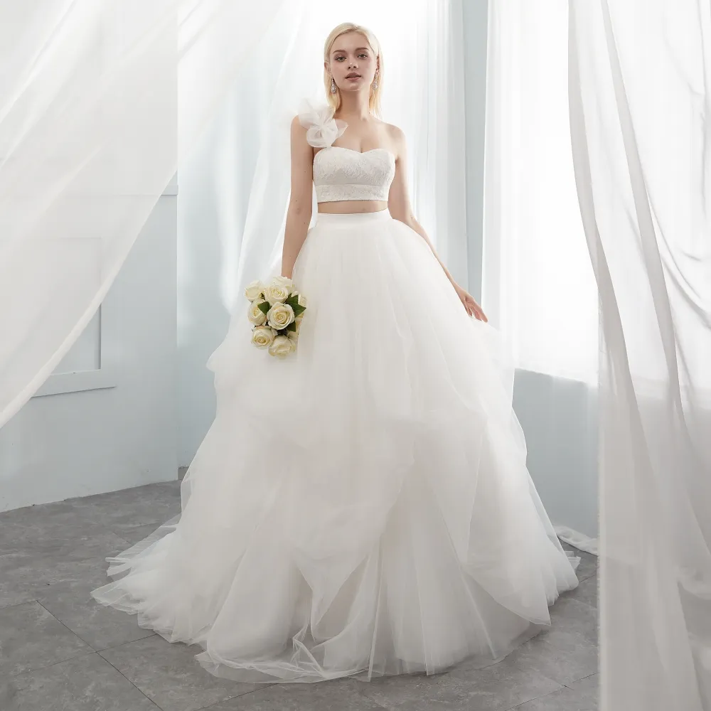 فستان زفاف من قطعتين بكتف واحد من RUOLAI ASW046 بصور حقيقية