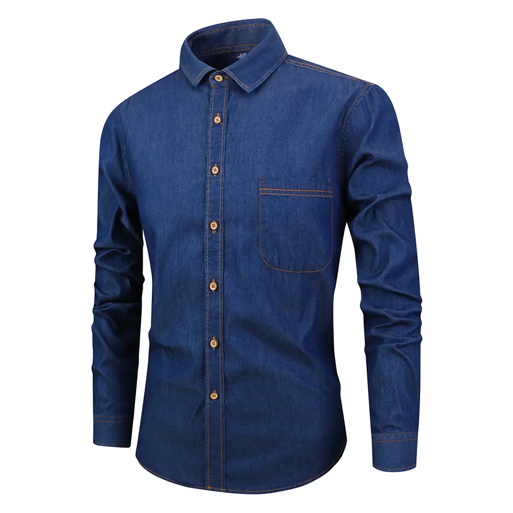 Dongguan Men Clothes Factory Newest Design Long sleeves Patch Pocket blue denim Shirts