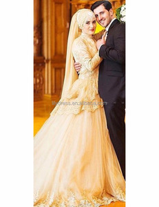 Vestido de Novia NE266 de Lujo, Línea A, Encaje, Cuello Alto, Mangas Largas, Cola de Corte, Último Modelo, Estilo Árabe Musulmán, Color Champán - Product Image 3