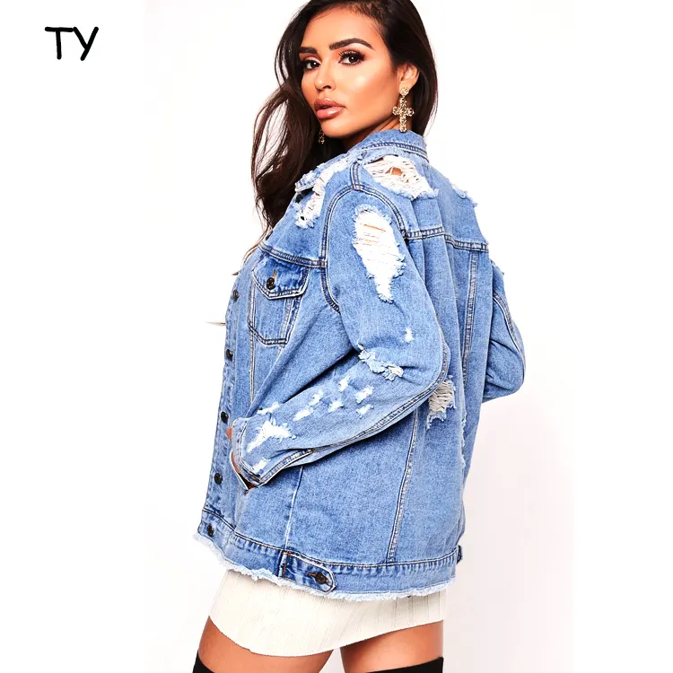 Medium-long style high quality oversized fit women denim jackets distressed ripped casual jean jacket
