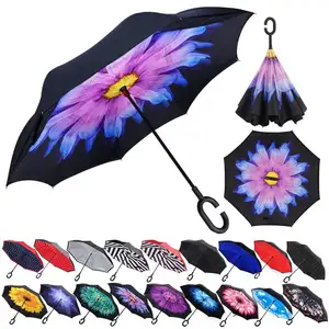 Wholesale Custom Printed Inverted Reverse Rain Straight Umbrella with Logo Prints For Sale