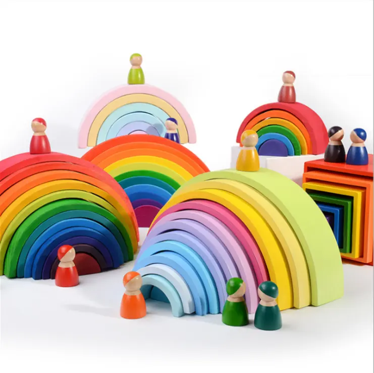 Blocos de construção montessori, atacado personalizado 12 pcs blocos de construção montessori, grande arco-íris, brinquedos de madeira