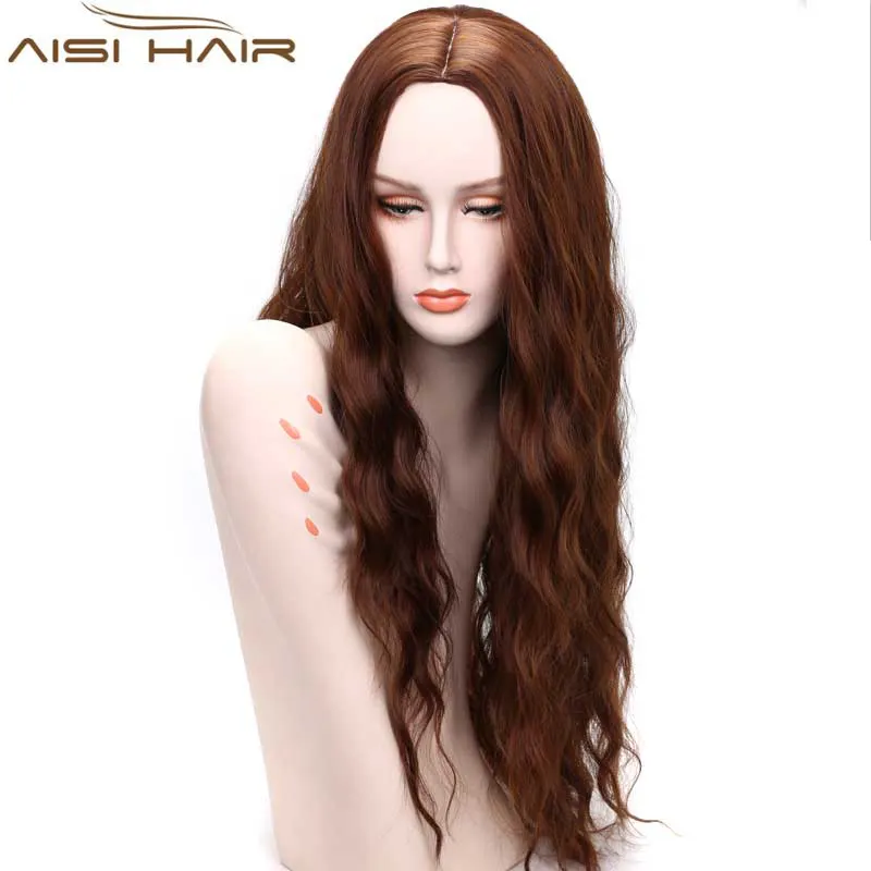 Aisi Cabelo Comprido Castanho e Cor de Café Regular Onda Longa Estilo Yaki Máquina Feita Perucas de Cabelo Sintético para As Mulheres