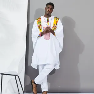 उच्च गुणवत्ता वाले निर्माता अफ्रीकी बाज़िन समृद्ध पारंपरिक कपड़े 3 टुकड़ा सूट सफेद शर्ट पैंट और पुरुषों के लिए कोट