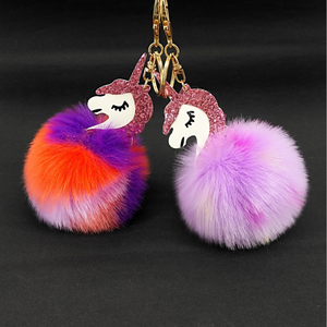 Yongze cara pompom llavero unicornio mullido Faux fur puff bola colorida bola peluda unicornio llavero - Product Image 1