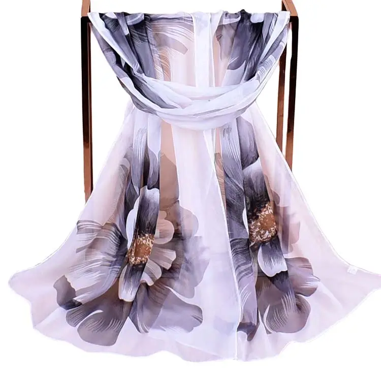 Nieuwe 155*50 Grote Bloemen Gardenia 75d Chiffon Sjaal Groothandel Mode Vrouwen Lange Goedkope Bedrukte Sjaals