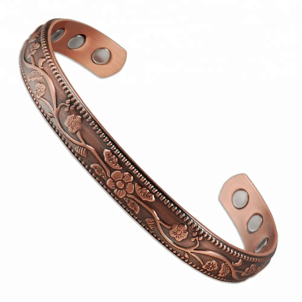 Hot sales wholesale pretty energy magnetic bright yellow copper bracelet with flower pattern