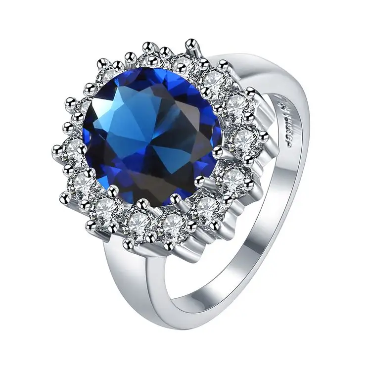 Cincin Berlian Safir Biru Gaya Mulia untuk Keluarga Kerajaan Putri Diana Berlapis Platinum Berkualitas Tinggi