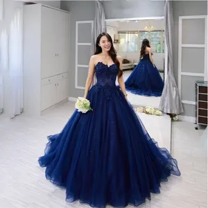 Custom Made Blauw Kant Prom Dresses 2019 Mouwloze Baljurk Applique Kralen Sweetheart Avondjurken