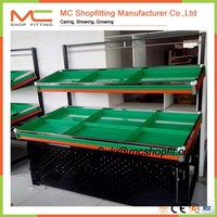 Étagère de supermarché pour aliments frais, table de présentation en métal robuste à 2 niveaux et double face pour fruits et légumes, étagères de supermarché